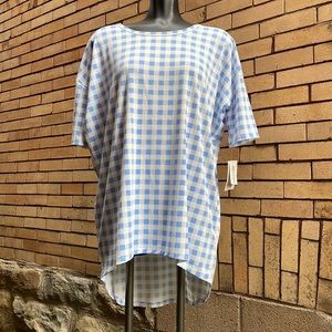 NWT LuLaRoe Irma Blue & White Gingham High-Low Tee Oversized Size Small